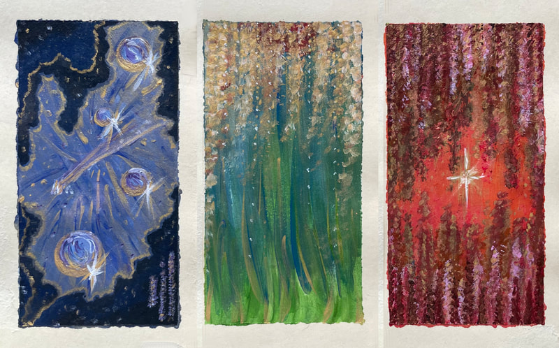 Small print artwork (3 paintings) by Titania Galliher Jackson. Medium: paint, watercolour and acrylic, on up-cycled garment tags.